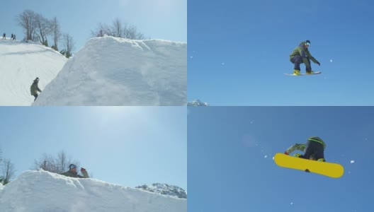 慢动作:滑雪板跳过踢球，在阳光灿烂的雪园飞过太阳高清在线视频素材下载