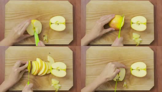 女人在木板上切苹果。烹饪食物。俯视图高清在线视频素材下载