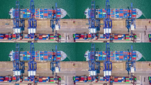 深海港口集装箱船装卸，远洋集装箱船物流进出口运输业务高空俯视。高清在线视频素材下载