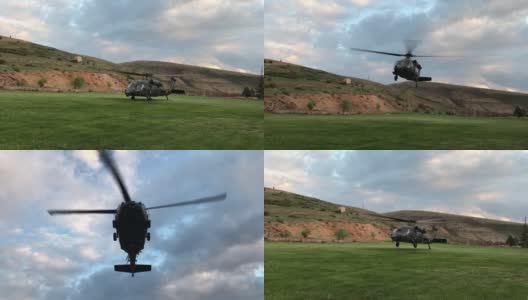 军事救援直升机(西科斯基)在乡村起飞高清在线视频素材下载