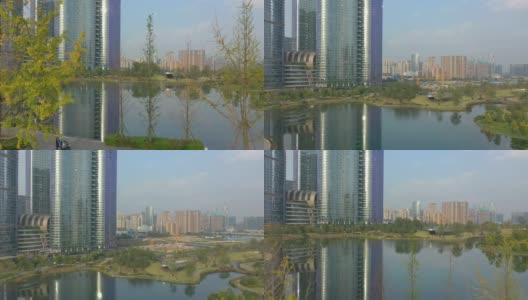 晴天成都市金融区公园湖航拍全景4k中国高清在线视频素材下载