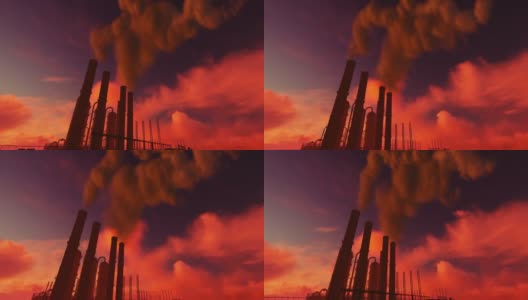 炉火的轮廓和浓重的烟雾笼罩着红色的天空，还有环境问题高清在线视频素材下载