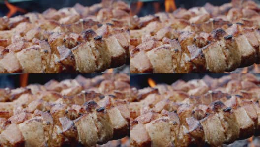 用火烤的多汁烤肉串。高清在线视频素材下载