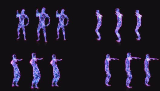 表达舞蹈团体艺术家在黑暗工作室表演现代街舞。时尚的多色霓虹灯发光的身体。90年代蓝粉舞者无缝循环3d动画Dj高清在线视频素材下载