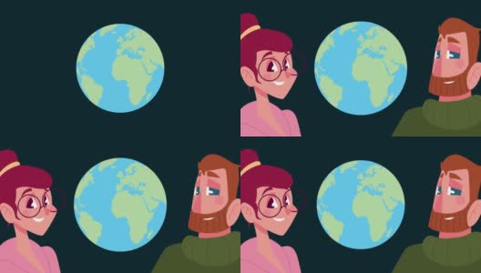 年轻夫妇和世界地球星球动画高清在线视频素材下载