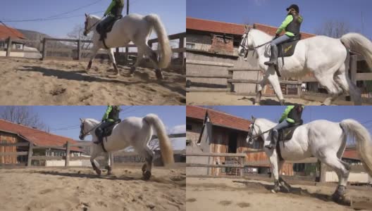 勇敢的女孩在动物救援中心骑着白马享受宁静的时刻高清在线视频素材下载