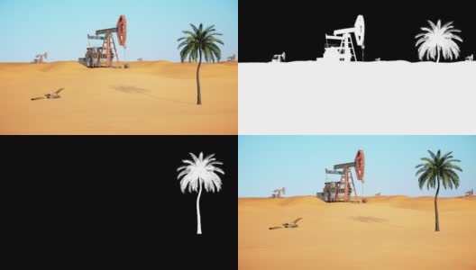 阿拉伯沙漠中装有牛头骨和棕榈树的油泵，Luma Matte高清在线视频素材下载