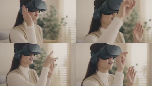 Metaverse:年轻女性在客厅里戴着VR眼镜购物。高清在线视频素材下载