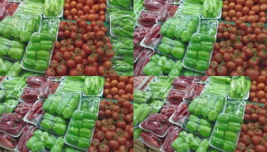 市场的柜台上摆放着不同的天然蔬菜。高清在线视频素材下载
