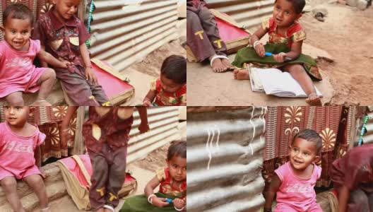 印度农村儿童小组，小男孩小女孩高清在线视频素材下载