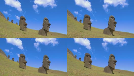 低角度:美丽的蓝天横跨一组古老的摩埃石像。高清在线视频素材下载