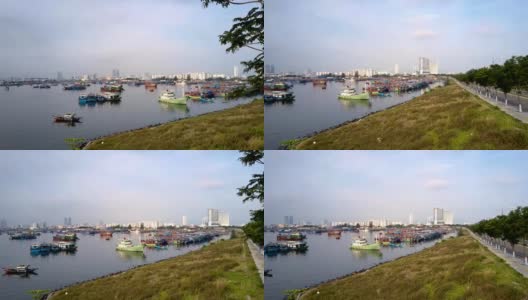 渔船和旅游船停泊在靠大城市的码头高清在线视频素材下载