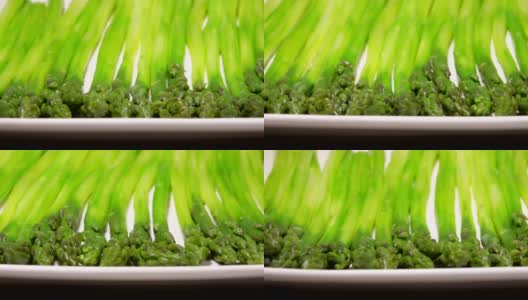 煮熟的绿芦笋放在长盘子里高清在线视频素材下载
