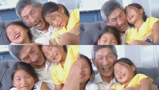 爷爷和孙女们大笑的慢动作镜头高清在线视频素材下载