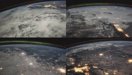 从国际空间站上俯瞰北美大陆的飞行。当照相机飞向更北的地方时，可以看到北极光。图片由美国宇航局约翰逊航天中心地球科学和遥感单元提供。高清在线视频素材下载