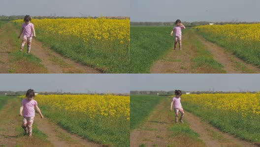 小女孩在草地上跑。那孩子在乡间小路上奔跑。一个快乐的孩子在黄色的花丛中奔跑。油菜籽领域高清在线视频素材下载