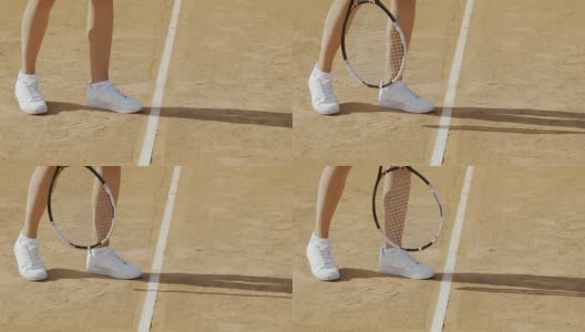 女子发球打网球，穿着舒适的运动鞋进行积极运动，双腿收起来高清在线视频素材下载