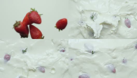 慢镜头:草莓堆倒在牛奶里。高清在线视频素材下载