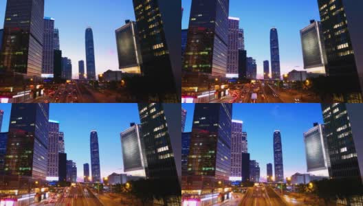 时间从白天到夜晚，在香港城市天际线的道路上轻交通高清在线视频素材下载
