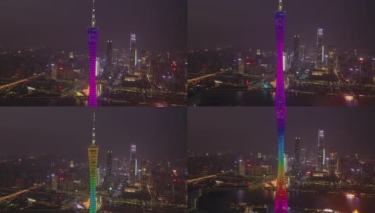 广州市市中心滨江日落天空照明著名塔前顶航拍全景4k中国高清在线视频素材下载