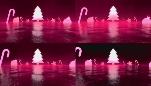 3d抽象的圣诞景观与紫色霓虹灯发光的圣诞玩具和装饰品。紫色的烟雾覆盖了整个空间。标题的未来背景。时尚时尚的圣诞理念。高清在线视频素材下载