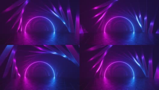 循环的3d动画，抽象的紫外线未来背景，旋转隧道与粉红色的蓝色霓虹灯，在紫外线光谱发光高清在线视频素材下载