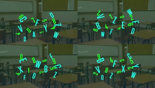 数字组成的多个变化的霓虹灯数字和字母移动对空教室高清在线视频素材下载