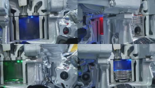 内视图的发动机，关闭细节的两个活塞在气缸，一些齿轮旁边。高清在线视频素材下载