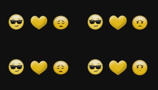 数字动画黄色的心图标，悲伤和戴着太阳镜的脸在黑色背景的表情符号高清在线视频素材下载