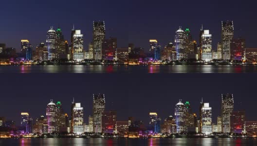 底特律，密歇根的天际线在夜晚的推移高清在线视频素材下载