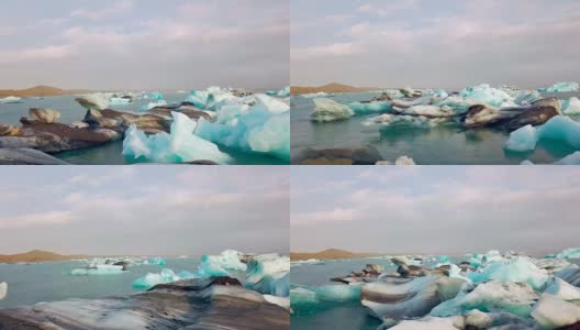 冰岛Jokulsarlon冰川泻湖清晨鸟瞰图高清在线视频素材下载