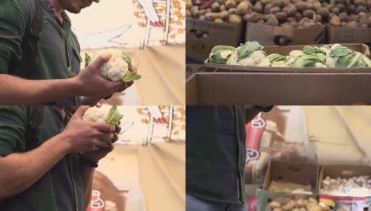 近距离观看年轻男子的手选择花椰菜在水果市场高清在线视频素材下载