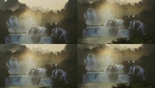 日落班戈瀑布在越南和德天瀑布在中国，位于边境附近，人们可以看到这两个国家的瀑布。道明。高清在线视频素材下载