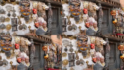 尼泊尔加德满都出售传统的彩色手工木制面具和手工艺品。在巴德岗的杜巴和帕坦的纪念品商店。斯瓦扬布纳特亚洲装饰市场高清在线视频素材下载