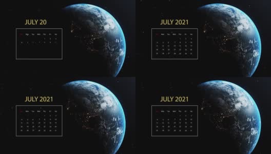 2021年7月地球上出现的日历，在外太空旋转，背景是黑色的星星高清在线视频素材下载