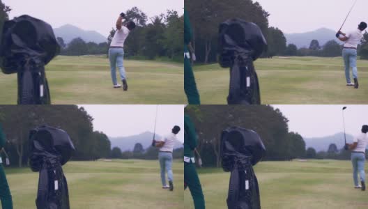 职业高尔夫球场上的男性高尔夫球手。高清在线视频素材下载