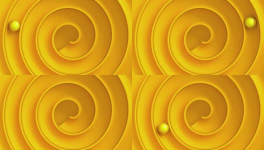 黄色球滚过漩涡迷宫从顶部看，反弹从墙壁和到达洞。成就的概念，达到目标。三维渲染高清在线视频素材下载