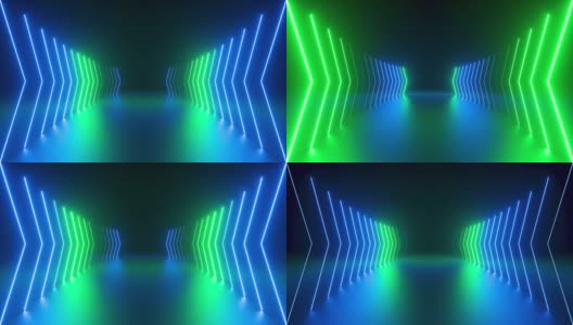 3d循环动画，抽象的绿色蓝色霓虹灯背景与发光的箭头，显示前进的方向高清在线视频素材下载