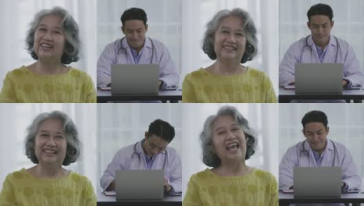 亚洲老年妇女视频通话，微笑，幸福的家庭在客厅。呆在家里。远程健康咨询医生与平板电脑。高年级学生用平板电脑练习社交游戏。远程医疗的概念高清在线视频素材下载