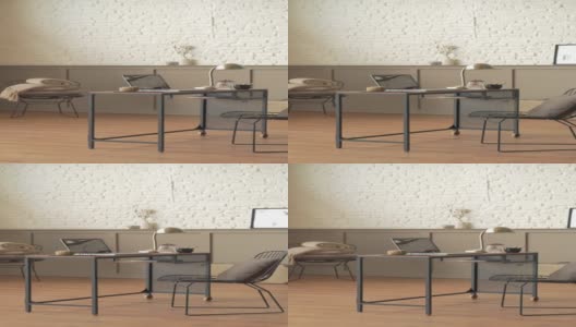 现代家庭室内办公室在白色砖墙金属椅高清在线视频素材下载
