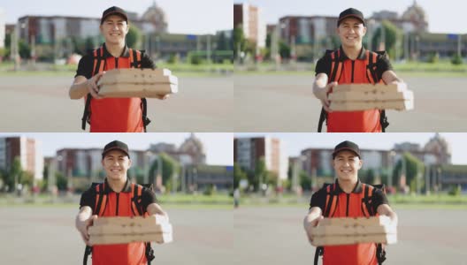 亚洲快递员身穿制服，晚上背着红色热披萨背包。邮差和快递服务理念。快餐方便送货和运输高清在线视频素材下载