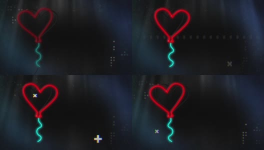 动画的霓虹灯心气球和各种形状的黑色背景高清在线视频素材下载